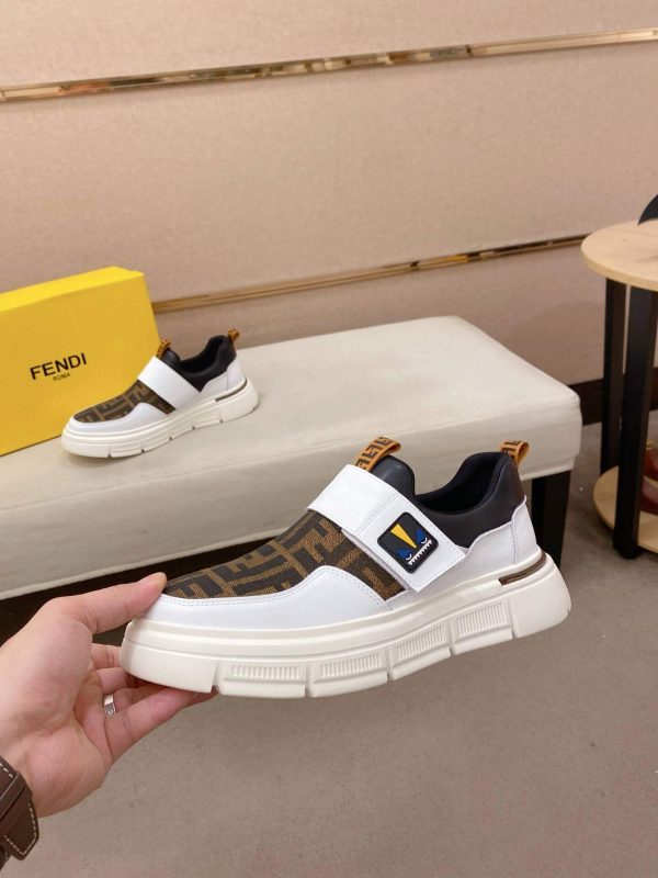 White & Brown Fendi FF Monogram Sneakers with Hook-and-Loop Closure