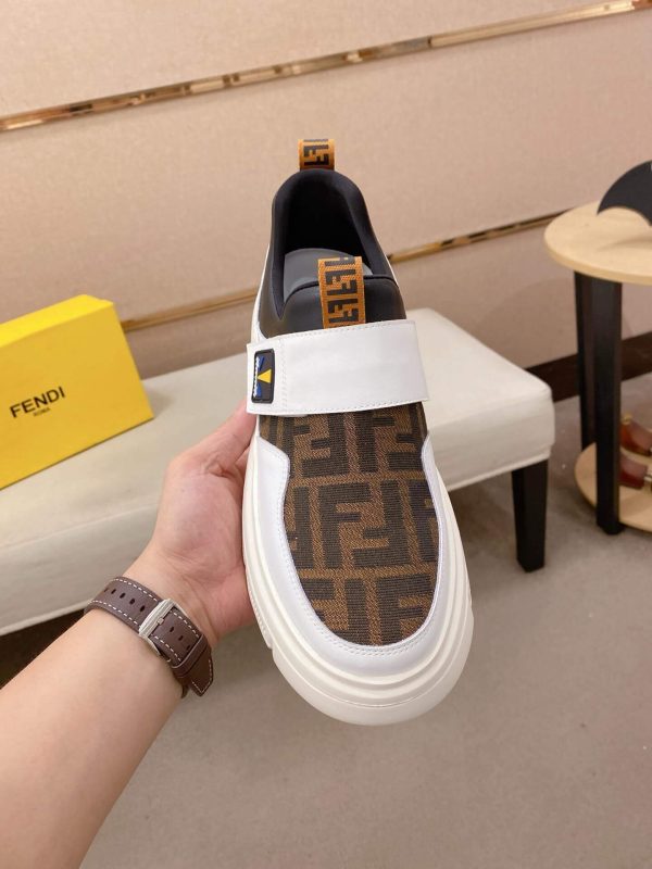 White & Brown Fendi FF Monogram Sneakers with Hook-and-Loop Closure
