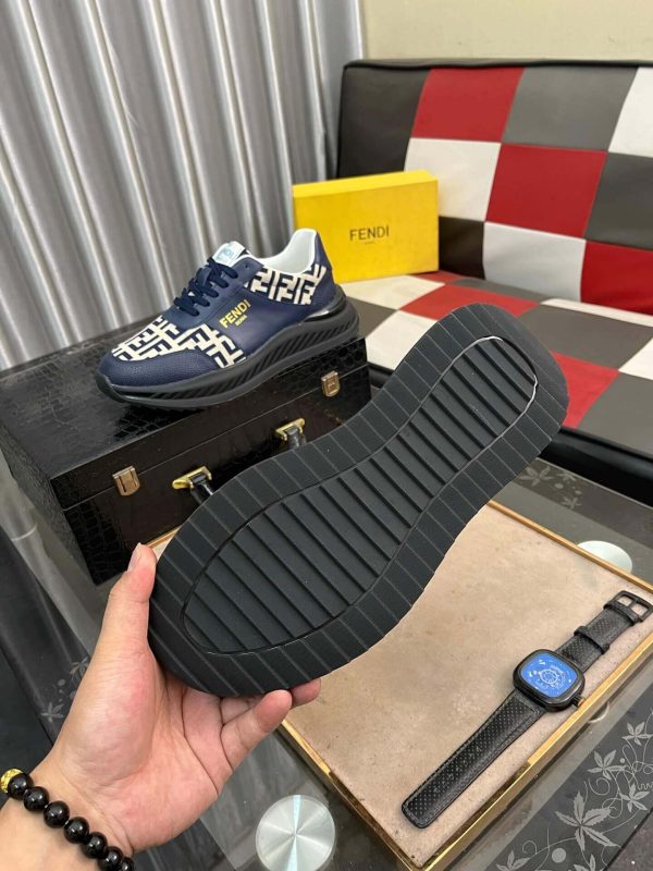 Fendisneaker_predominantlynavybluewiththebrand_siconicFFlogopatterninbeigeandnavyonthetoeandsides_4 Fendi Roma Sneaker in Beige FF Jacquard and Blue Leather