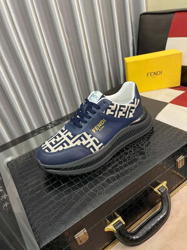 Fendisneaker_predominantlynavybluewiththebrand_siconicFFlogopatterninbeigeandnavyonthetoeandsides_5 Fendi Roma Sneaker in Beige FF Jacquard and Blue Leather