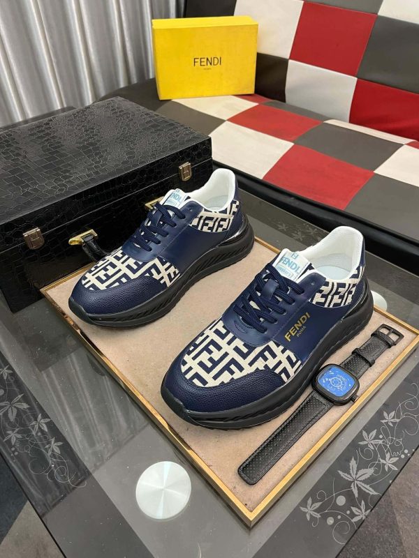 Fendisneaker_predominantlynavybluewiththebrand_siconicFFlogopatterninbeigeandnavyonthetoeandsides_6 Fendi Roma Sneaker in Beige FF Jacquard and Blue Leather