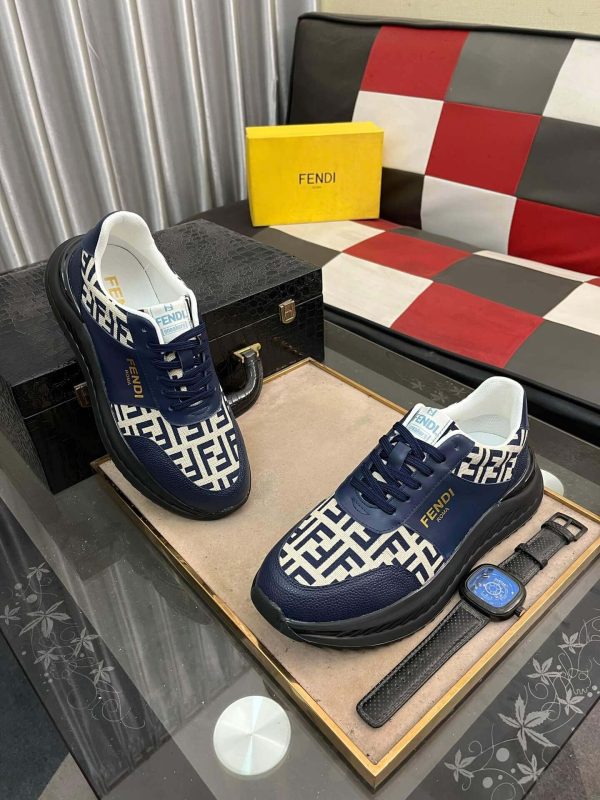 Fendisneaker_predominantlynavybluewiththebrand_siconicFFlogopatterninbeigeandnavyonthetoeandsides_7 Fendi Roma Sneaker in Beige FF Jacquard and Blue Leather