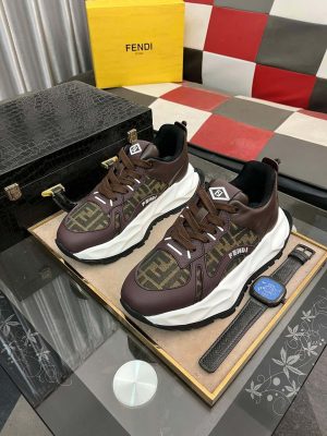 Fendi Chunky Sneaker in Green FF Jacquard and Brown Leather