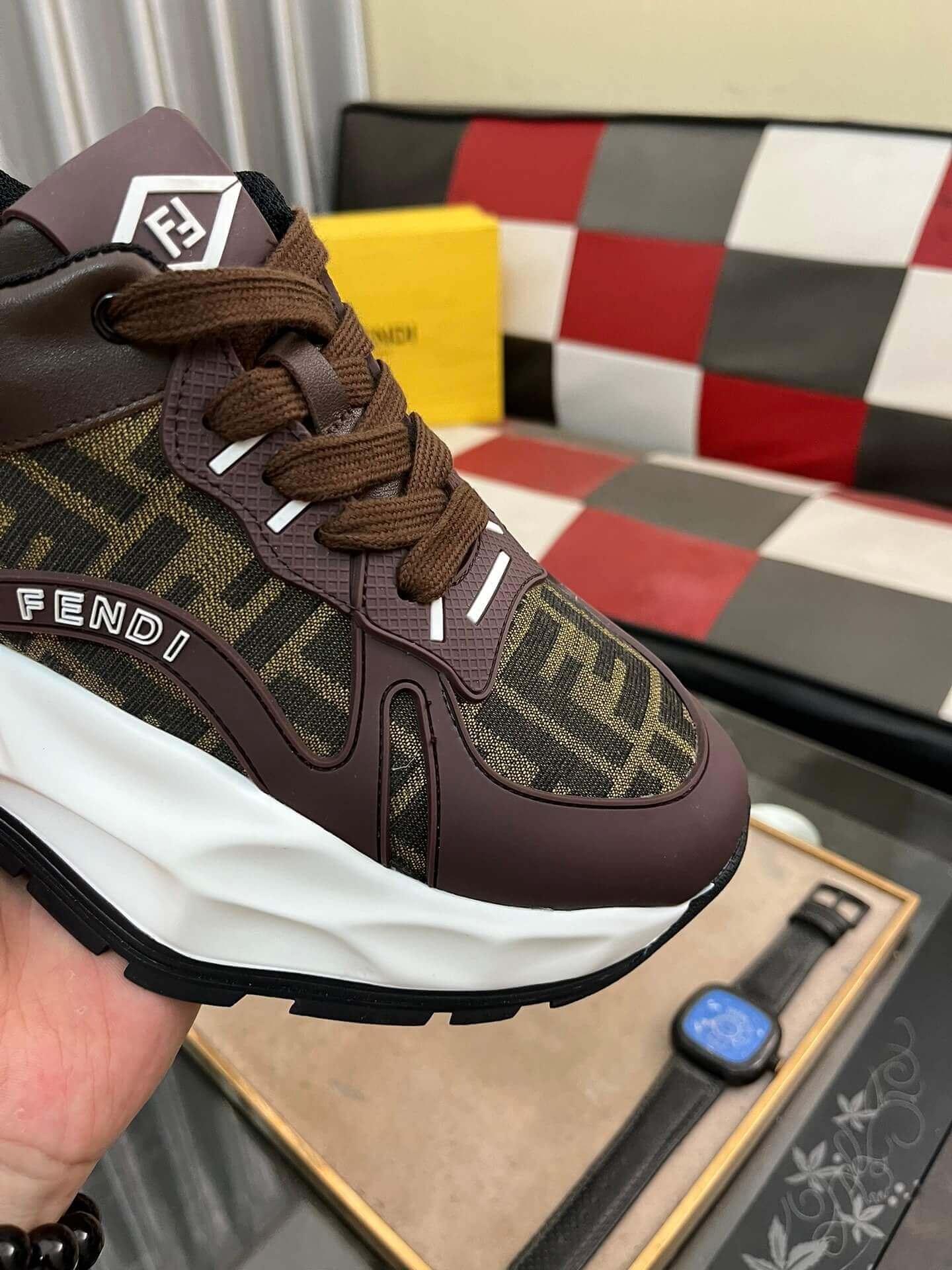 Fendi Chunky Sneaker in Green FF Jacquard and Brown Leather 7 Fendi Chunky Sneaker in Green FF Jacquard and Brown Leather - Image 7