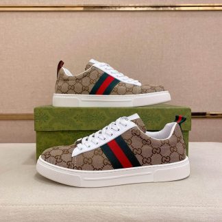 Gucci Ace Sneaker with Web in Beige and Ebony Original GG Canvas