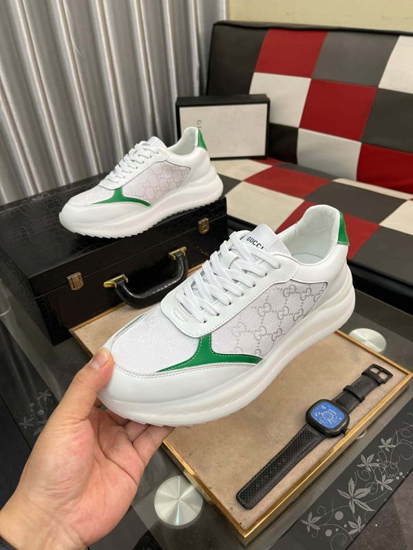 Gucci Runner Sneaker in White Leather and White GG Supreme Canvas