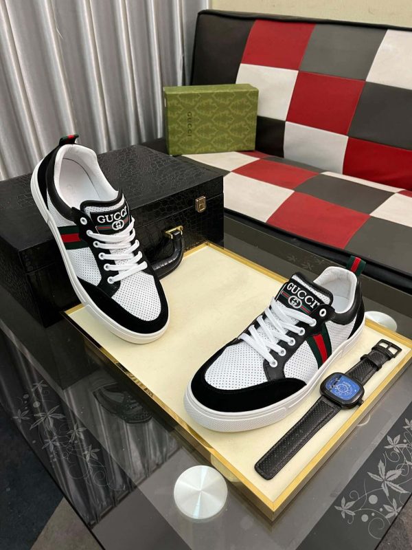 Gucci Ace Men's White Smooth Leather and Black Suede Trainer with Web