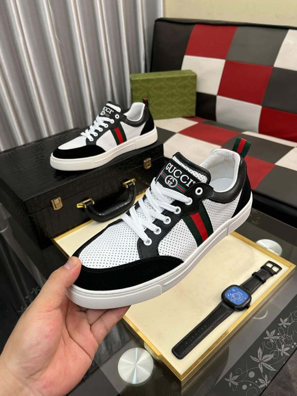 Gucci Ace Men's White Smooth Leather and Black Suede Trainer with Web