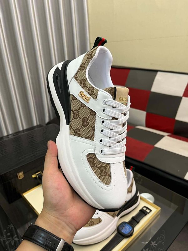 Gucci Men's Trainer in Beige and Ebony GG Supreme and White Leather