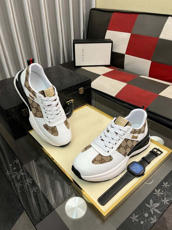 Gucci Men's Trainer in Beige and Ebony GG Supreme and White Leather