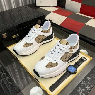 Gucci Men's Trainer in Beige and Ebony GG Supreme and White Leather
