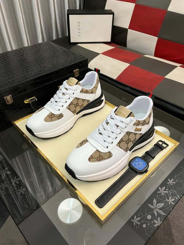 Gucci Men's Trainer in Beige and Ebony GG Supreme and White Leather