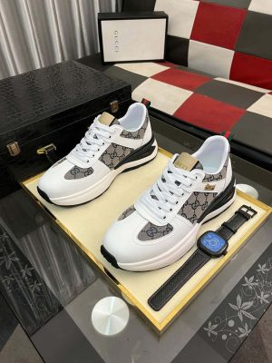 GucciMen_sSneakers_3_38a76ce2-7872-4cb5-a620-dfa4b954efb3 Gucci Men's Trainer in Beige and Blue GG Supreme and White Leather