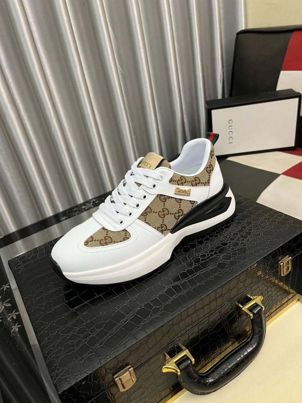 Gucci Men's Trainer in Beige and Ebony GG Supreme and White Leather
