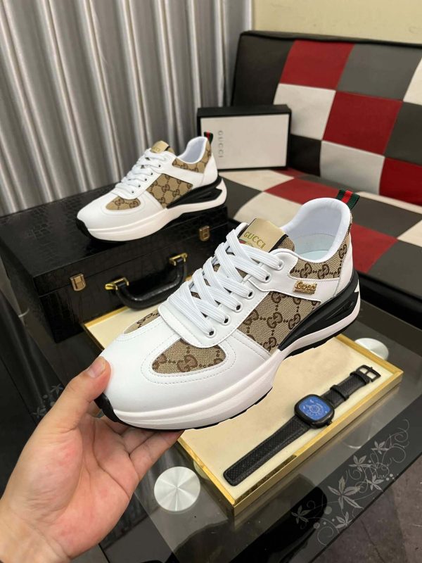 Gucci Men's Trainer in Beige and Ebony GG Supreme and White Leather