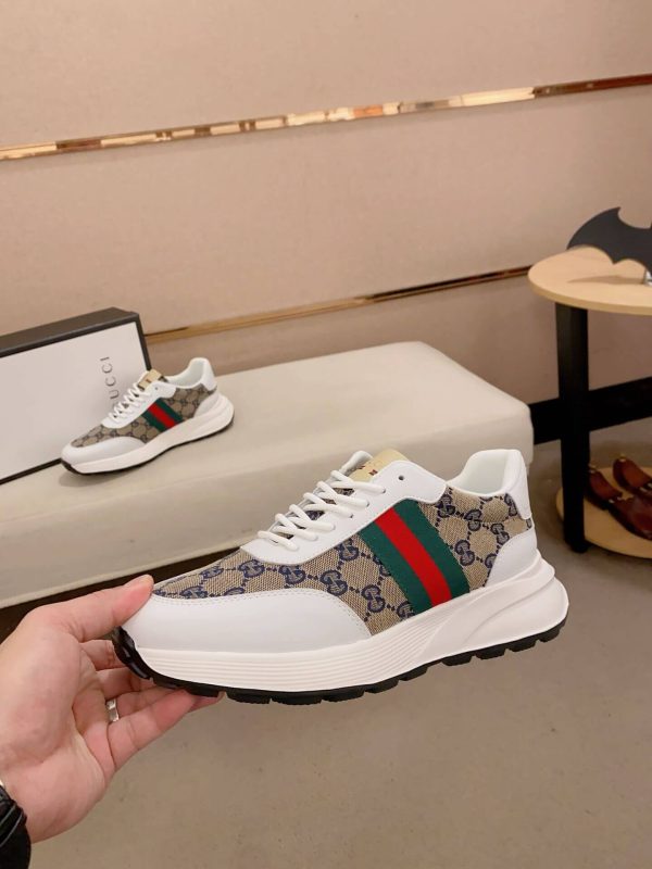 GucciNansneakerfeaturingthebrand_ssignatureGGmonogramcanvas_1 Gucci Brown GG Canvas and White Leather Re-Motion Sneaker