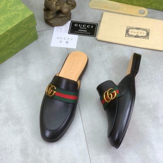 Gucci Black Leather Slipper with Web Stripe and Double G