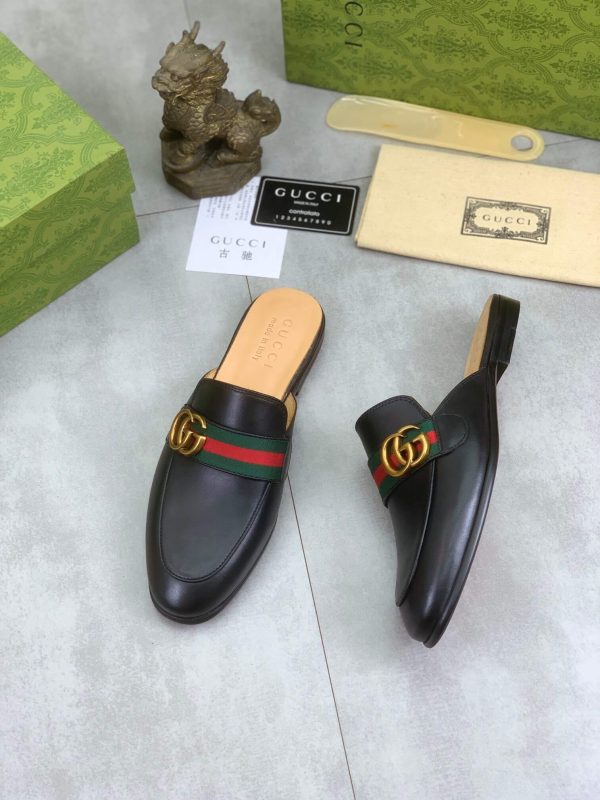Gucci Black Leather Slipper with Web Stripe and Double G