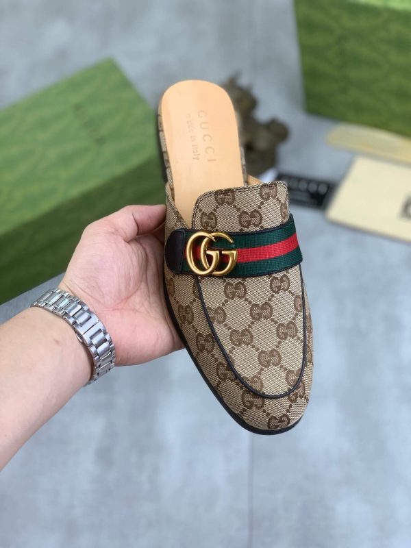 Gucci Beige and Ebony Canvas Slipper with Web Stripe and Double G