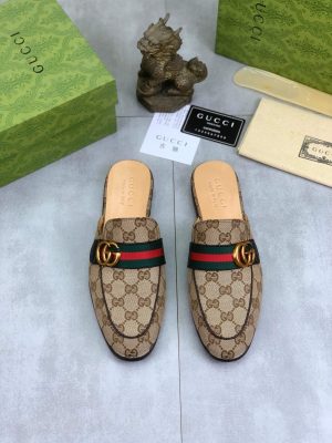 Gucci Beige and Ebony Canvas Slipper with Web Stripe and Double G