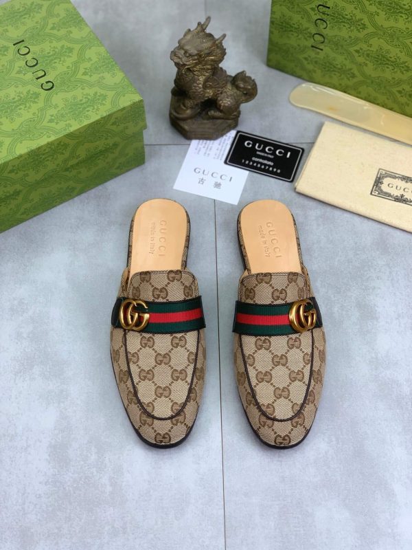 Gucci Beige and Ebony Canvas Slipper with Web Stripe and Double G