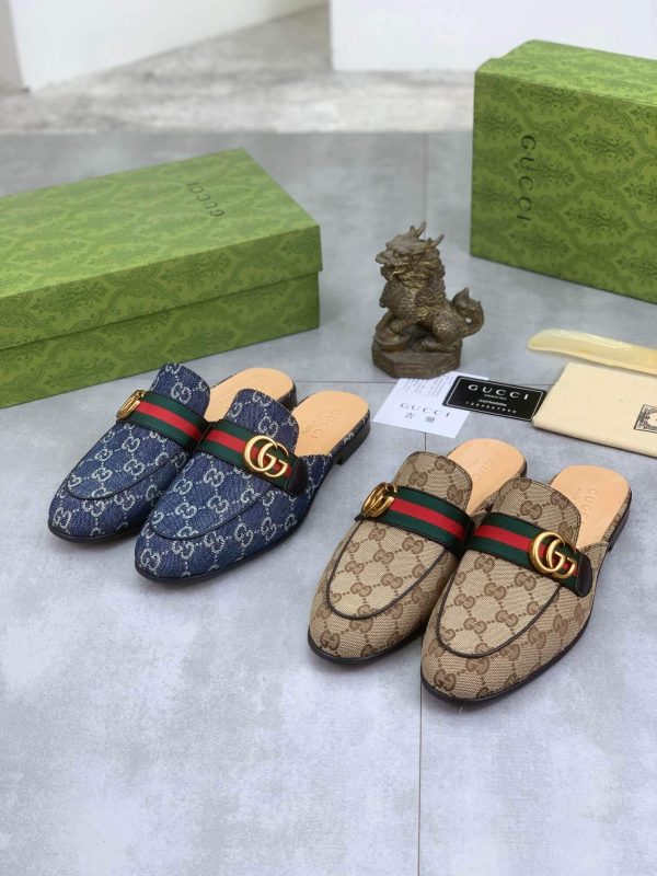 Gucci Beige and Ebony Canvas Slipper with Web Stripe and Double G