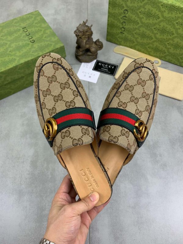 Gucci Beige and Ebony Canvas Slipper with Web Stripe and Double G