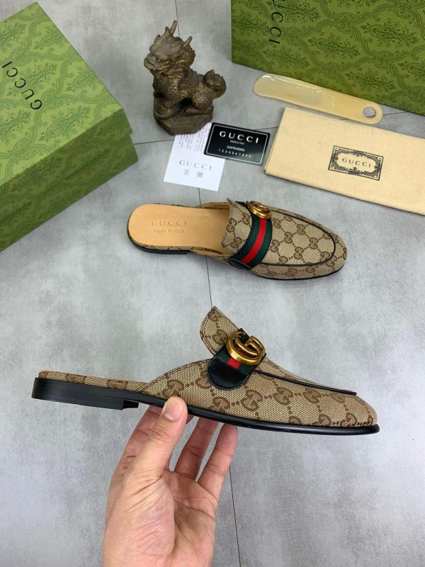 Gucci Beige and Ebony Canvas Slipper with Web Stripe and Double G