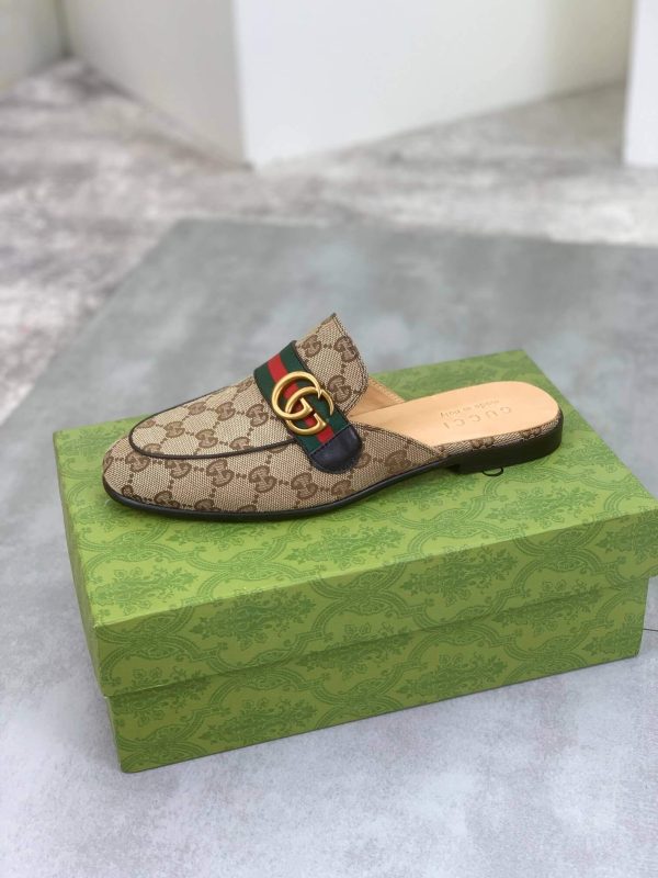 Gucci Beige and Ebony Canvas Slipper with Web Stripe and Double G