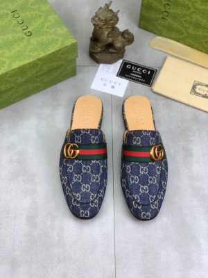 Gucci Dark Blue GG Crystal Denim Slipper with Double G