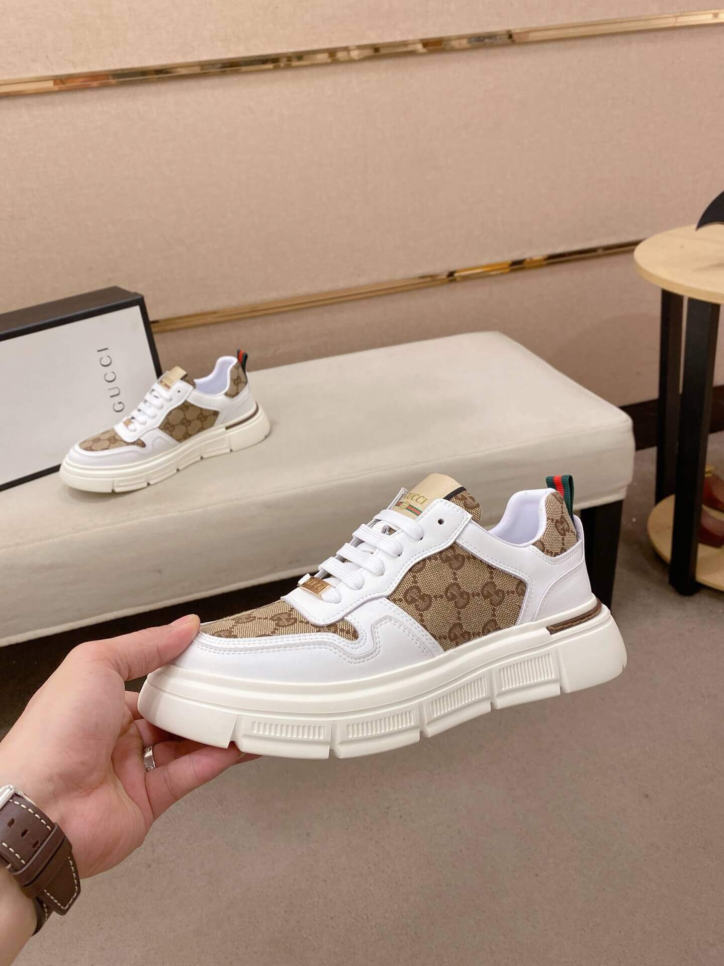 White & Brown Gucci Re-Web Sneakers 6 White & Brown Gucci Re-Web Sneakers - Image 6