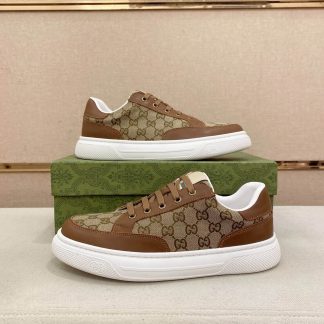 Gucci Men's GG Trainer in Beige and Ebony Original GG Canvas and Brown Leather