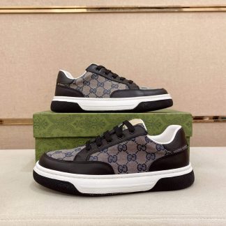 Gucci Men's GG Trainer in Beige and Blue GG Canvas and Black Leather