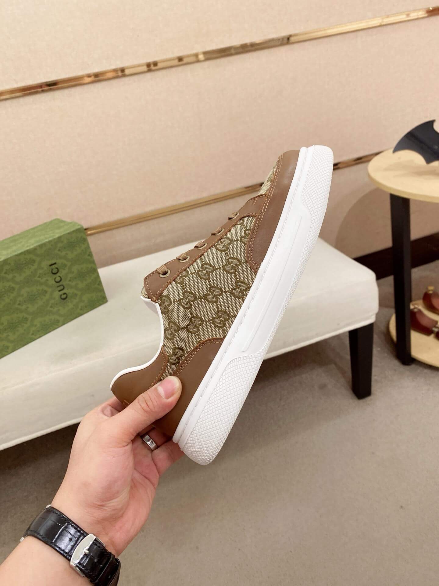 Gucci Men's GG Trainer in Beige and Ebony Original GG Canvas and Brown Leather 2 Gucci Men's GG Trainer in Beige and Ebony Original GG Canvas and Brown Leather - Image 2