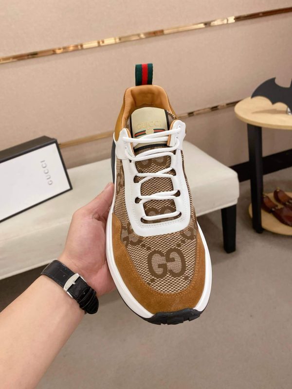 Gucci Run Trainer in Beige Jumbo GG Canvas and Brown Suede