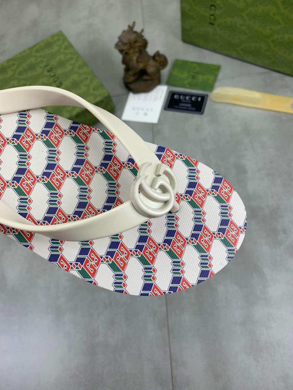 Gucci GG Jacquard White Thong Sandals with Double G