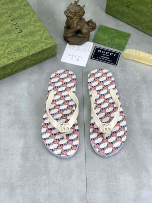 Gucci GG Jacquard White Thong Sandals with Double G