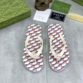 Gucci GG Jacquard White Thong Sandals with Double G