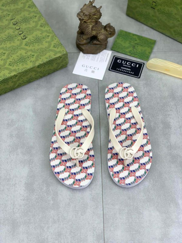 Gucci GG Jacquard White Thong Sandals with Double G