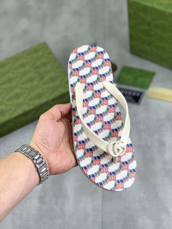 Gucci GG Jacquard White Thong Sandals with Double G