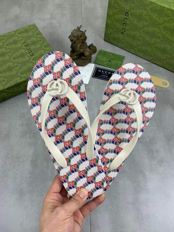 Gucci GG Jacquard White Thong Sandals with Double G