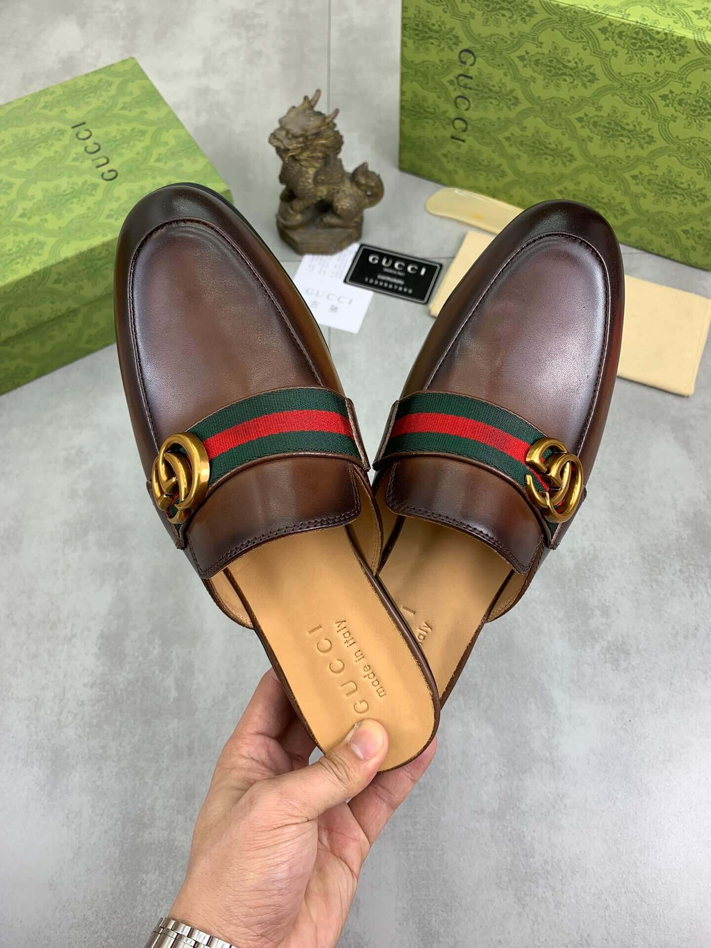 Gucci Brown Leather Slipper with Web Stripe and Double G 9 Gucci Brown Leather Slipper with Web Stripe and Double G - Image 9