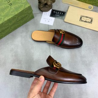 Gucci Brown Leather Slipper with Web Stripe and Double G