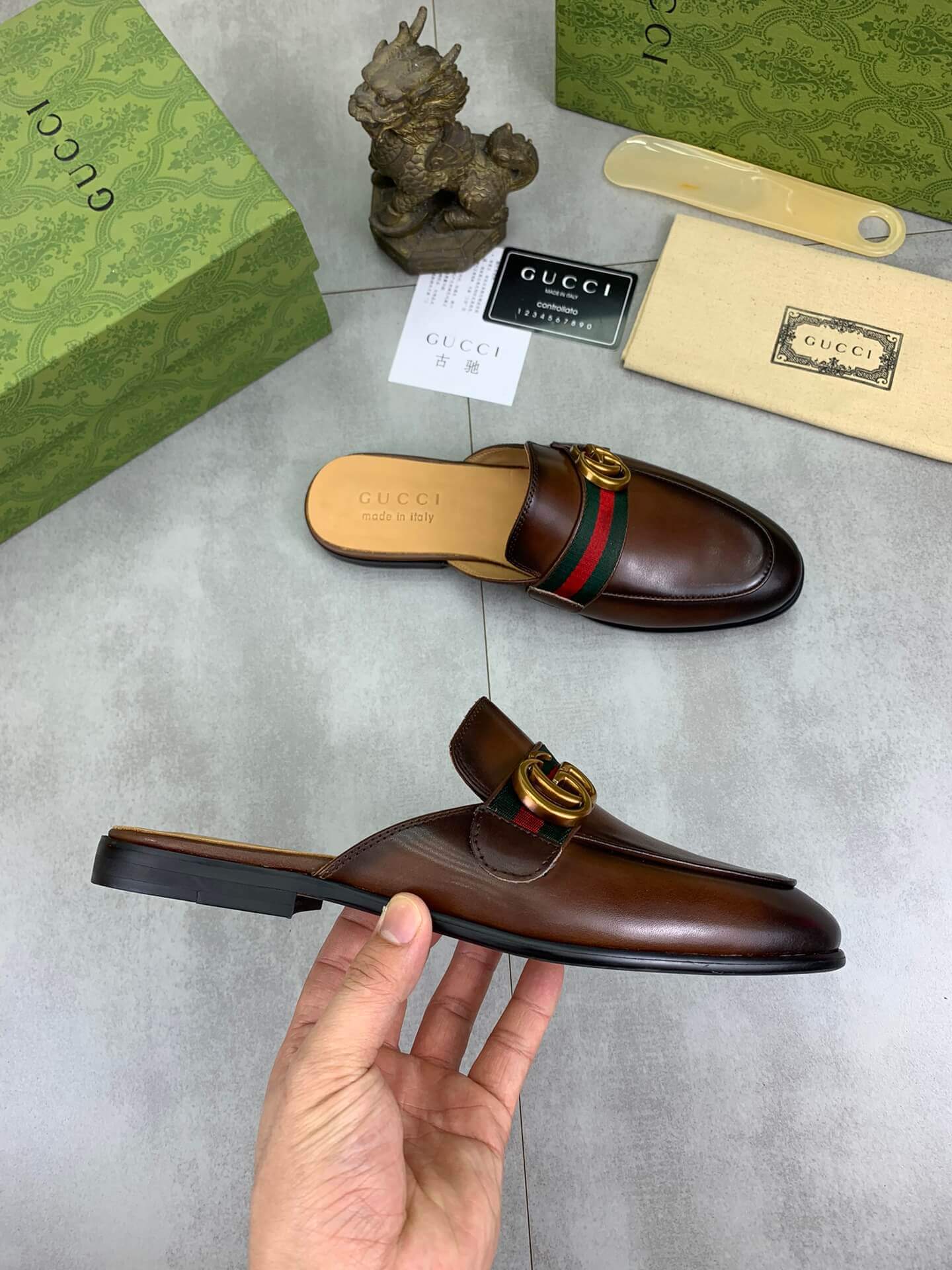 Gucci Brown Leather Slipper with Web Stripe and Double G 1 Gucci Brown Leather Slipper with Web Stripe and Double G