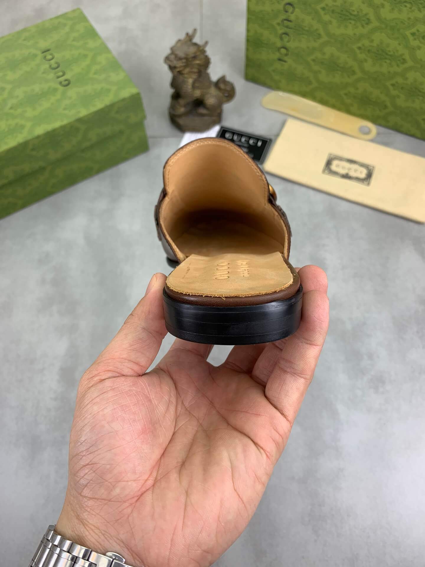 Gucci Brown Leather Slipper with Web Stripe and Double G 5 Gucci Brown Leather Slipper with Web Stripe and Double G - Image 5