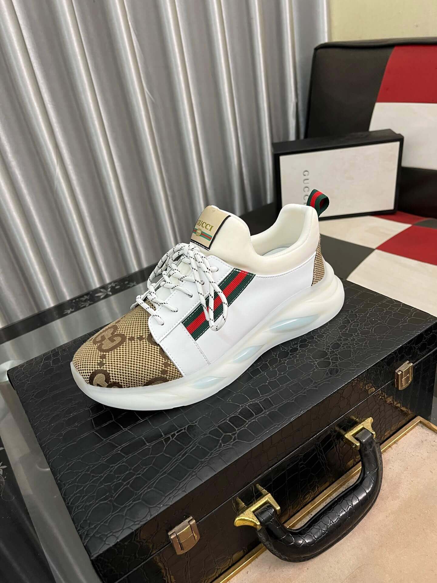 Gucci Trainer in Brown Jumbo GG Canvas and White Leather with Web Stripe 8 Gucci Trainer in Brown Jumbo GG Canvas and White Leather with Web Stripe - Image 8