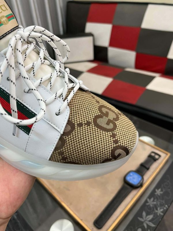 Gucci Trainer in Brown Jumbo GG Canvas and White Leather with Web Stripe