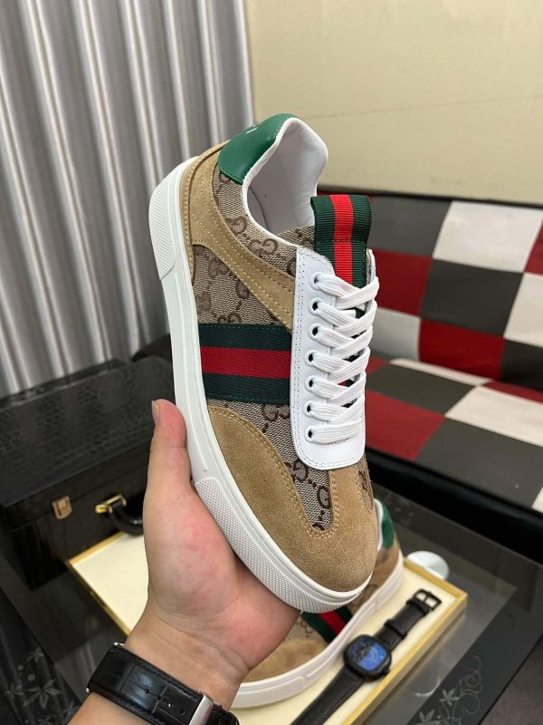 Gucci Men's G75 Sneaker with Web in Brown Suede and Beige and Ebony GG Canvas
