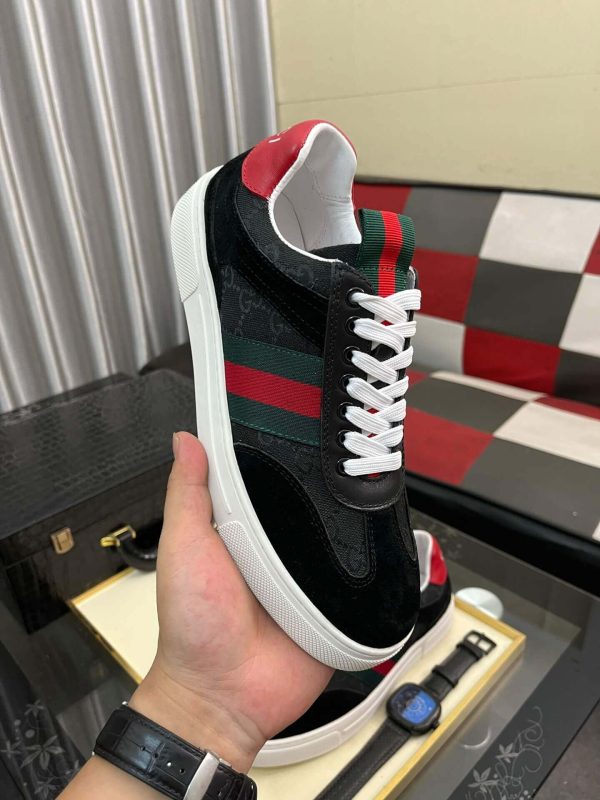 Gucci Men's G75 Sneaker with Web in Black Suede and Black GG Canvas