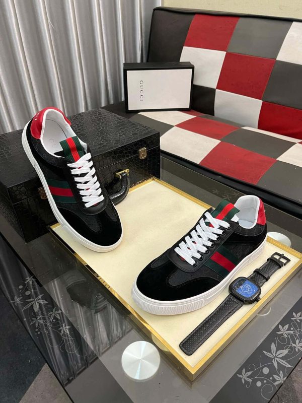 Gucci Men's G75 Sneaker with Web in Black Suede and Black GG Canvas